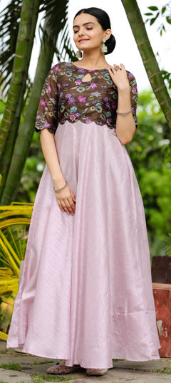 Purple and Violet color Gown in Satin Silk fabric with Floral, Printed work