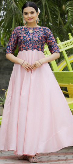 Pink and Majenta color Gown in Satin Silk fabric with Floral, Printed work