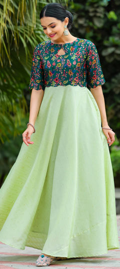 Green color Gown in Satin Silk fabric with Floral, Printed work