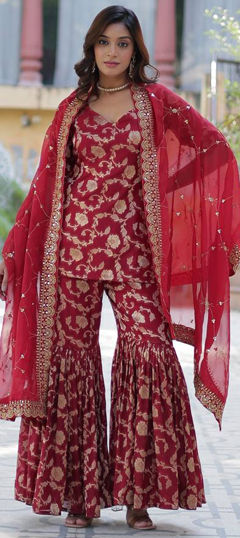 Red and Maroon color Salwar Kameez in Georgette fabric with Weaving work