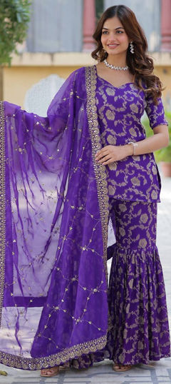 Purple and Violet color Salwar Kameez in Georgette fabric with Weaving work