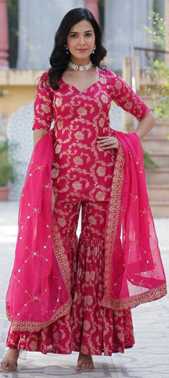 Pink and Majenta color Salwar Kameez in Georgette fabric with Weaving work