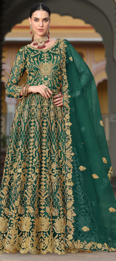 Green color Salwar Kameez in Net fabric with Embroidered, Sequence, Stone, Thread, Zari work