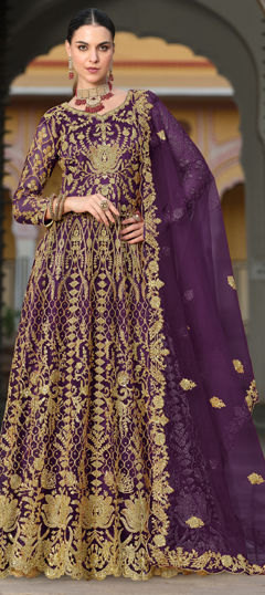 Purple and Violet color Salwar Kameez in Net fabric with Embroidered, Sequence, Stone, Thread, Zari work