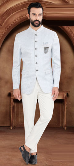 Blue color Jodhpuri Suit in Jacquard fabric with Broches work