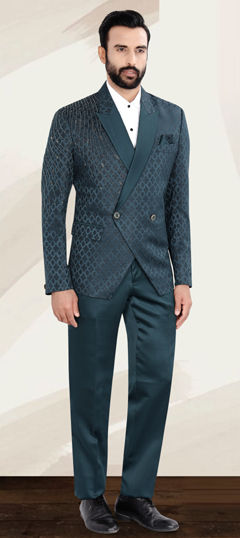 Blue color Tuxedo in Jacquard fabric with Cut Dana, Weaving work