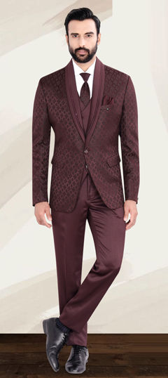 Red and Maroon color Tuxedo in Jacquard fabric with Weaving work