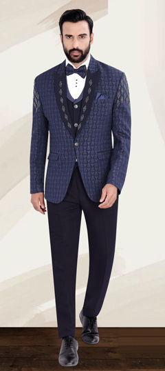 Blue color Tuxedo in Jacquard fabric with Embroidered work