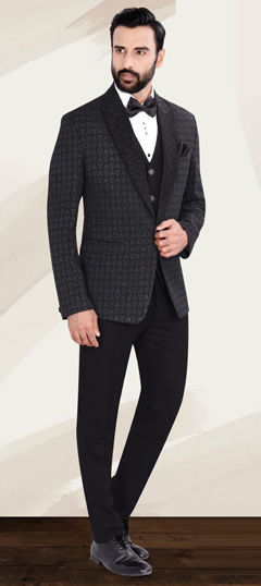 Black and Grey color Tuxedo in Jacquard fabric with Embroidered work