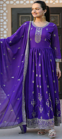 Purple and Violet color Salwar Kameez in Georgette fabric with Embroidered, Sequence, Thread work