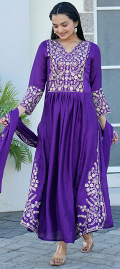 Purple and Violet color Salwar Kameez in Silk fabric with Embroidered, Sequence, Thread work