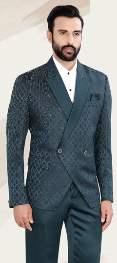 Blue color Blazer in Jacquard fabric with Cut Dana, Weaving work