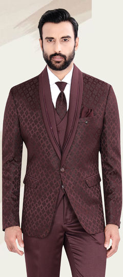 Red and Maroon color Blazer in Jacquard fabric with Weaving work