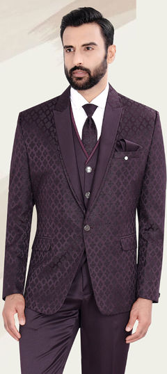 Purple and Violet color Blazer in Jacquard fabric with Weaving work