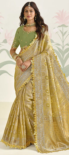 Yellow color Saree in Silk fabric with Embroidered, Lace, Stone, Thread work