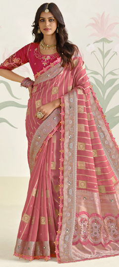 Pink and Majenta color Saree in Silk fabric with Embroidered, Lace, Stone, Thread work