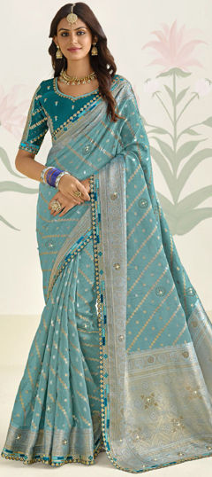 Blue color Saree in Silk fabric with Embroidered, Lace, Stone, Thread work