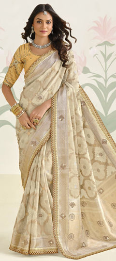 White and Off White color Saree in Silk fabric with Embroidered, Lace, Stone, Thread work