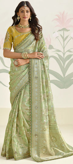 Green color Saree in Silk fabric with Embroidered, Lace, Stone, Thread work