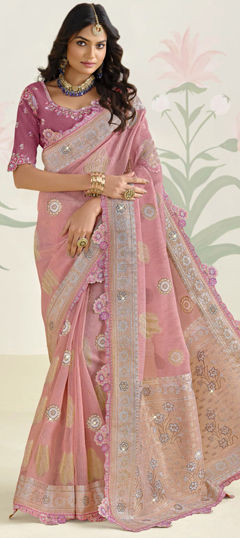 Pink and Majenta color Saree in Silk fabric with Embroidered, Lace, Stone, Thread work