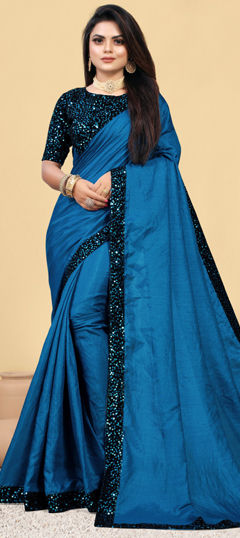 Blue color Saree in Art Silk fabric with Border, Sequence work