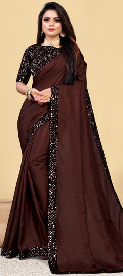 Beige and Brown color Saree in Art Silk fabric with Border, Sequence work