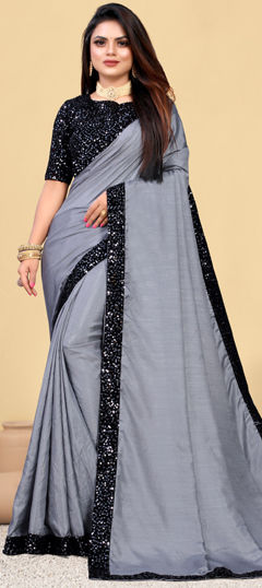 Black and Grey color Saree in Art Silk fabric with Border, Sequence work