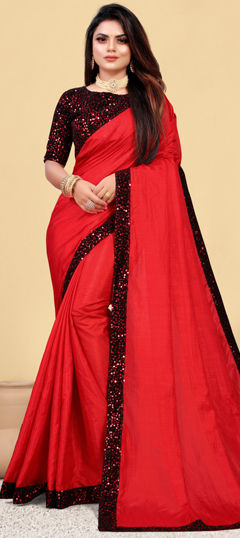 Red and Maroon color Saree in Art Silk fabric with Border, Sequence work