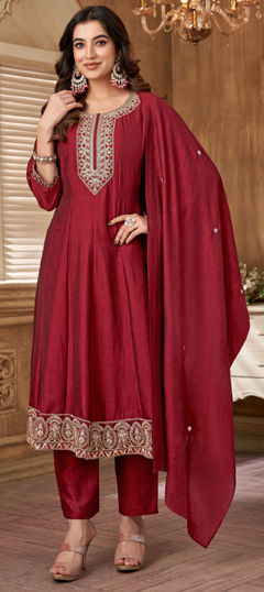 Red and Maroon color Salwar Kameez in Art Silk fabric with Embroidered, Thread, Zari work