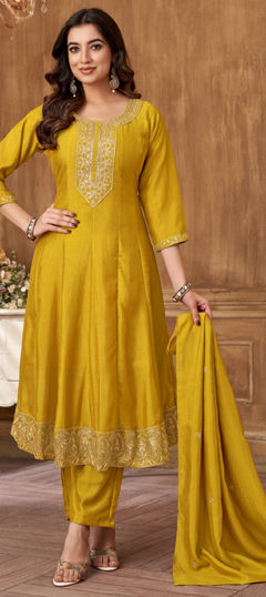 Yellow color Salwar Kameez in Art Silk fabric with Embroidered, Thread, Zari work