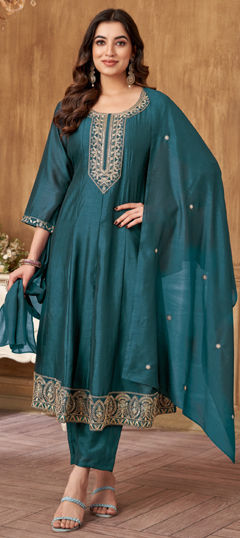 Blue color Salwar Kameez in Art Silk fabric with Embroidered, Thread, Zari work