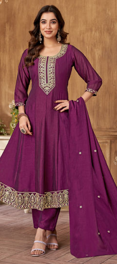 Pink and Majenta color Salwar Kameez in Art Silk fabric with Embroidered, Thread, Zari work