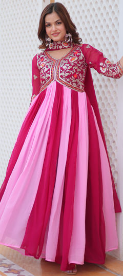 Pink and Majenta color Gown in Faux Georgette fabric with Embroidered, Sequence, Thread work