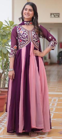 Pink and Majenta, Purple and Violet color Gown in Faux Georgette fabric with Embroidered, Sequence, Thread work