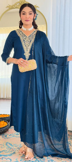 Blue color Salwar Kameez in Rayon fabric with Embroidered, Sequence, Thread work