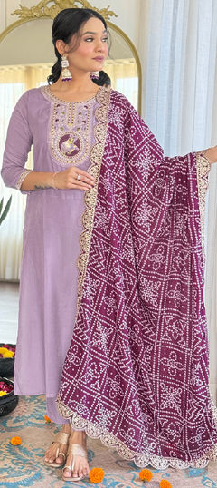 Purple and Violet color Salwar Kameez in Viscose fabric with Embroidered, Printed, Thread work