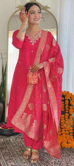 Pink and Majenta color Salwar Kameez in Viscose fabric with Embroidered, Thread work