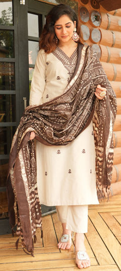 Beige and Brown color Salwar Kameez in Cotton fabric with Embroidered, Thread work