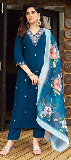 Blue color Salwar Kameez in Art Silk fabric with Embroidered, Thread work
