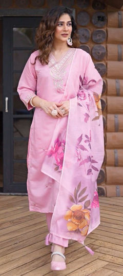 Pink and Majenta color Salwar Kameez in Art Silk fabric with Embroidered, Thread work
