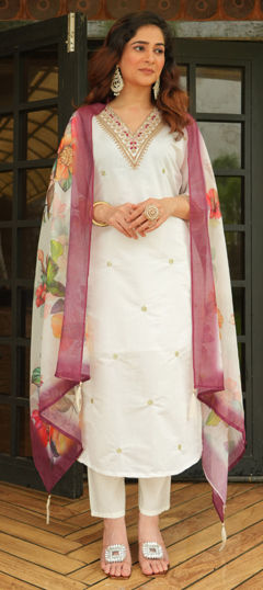 White and Off White color Salwar Kameez in Art Silk fabric with Embroidered, Thread work