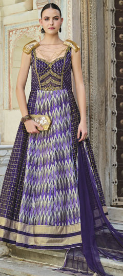 Purple and Violet color Gown in Silk fabric with Cut Dana, Foil Print, Sequence, Thread work