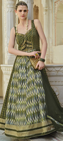 Green color Gown in Silk fabric with Cut Dana, Foil Print, Sequence, Thread work