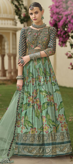 Green color Gown in Silk fabric with Bugle Beads, Cut Dana, Floral, Foil Print, Sequence work