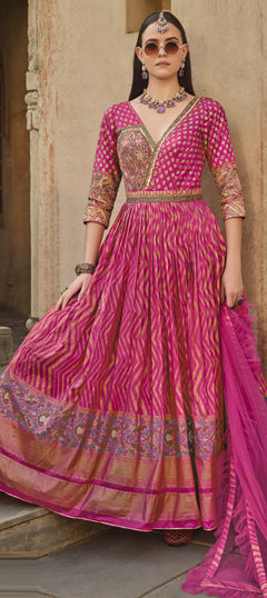 Pink and Majenta color Gown in Silk fabric with Bugle Beads, Cut Dana, Printed, Sequence, Stone work