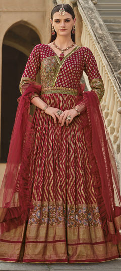 Red and Maroon color Gown in Silk fabric with Bugle Beads, Cut Dana, Printed, Sequence, Stone work