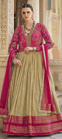 Beige and Brown, Pink and Majenta color Gown in Silk fabric with Bugle Beads, Printed, Sequence, Thread work