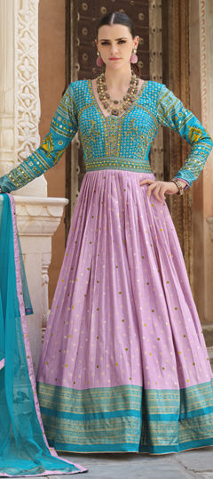 Blue, Purple and Violet color Gown in Silk fabric with Bugle Beads, Printed, Sequence, Thread work