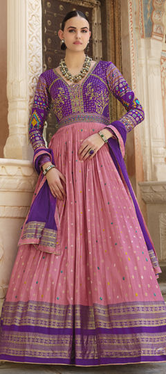 Pink and Majenta, Purple and Violet color Gown in Silk fabric with Bugle Beads, Printed, Sequence, Thread work