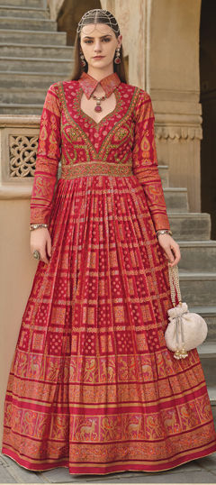 Red and Maroon color Gown in Silk fabric with Bugle Beads, Mirror, Sequence work